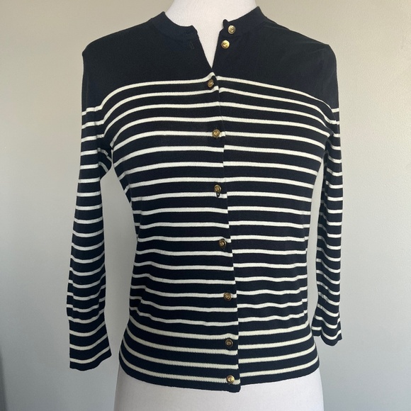 J. Crew Striped Jackie Sail Cardigan w/ Gold Anchor Buttons Nautical Top Sweater - Picture 4 of 12